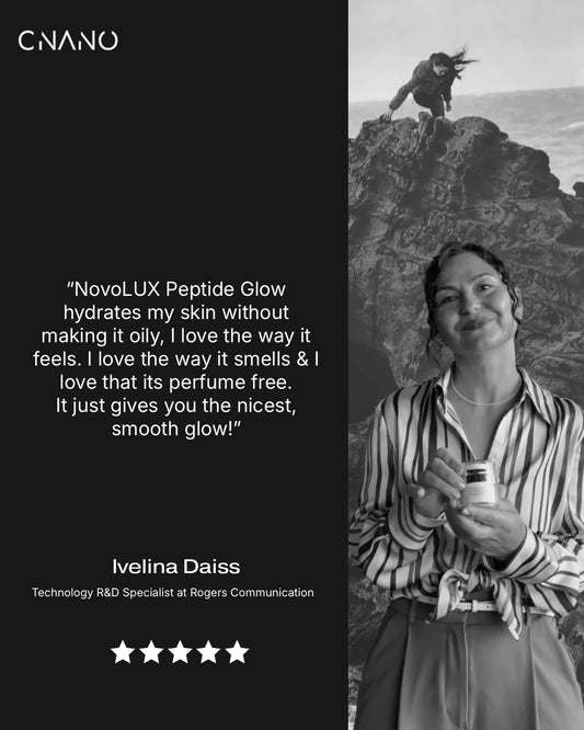 Person giving testimonial on CNANO's novoLUX peptide glow.