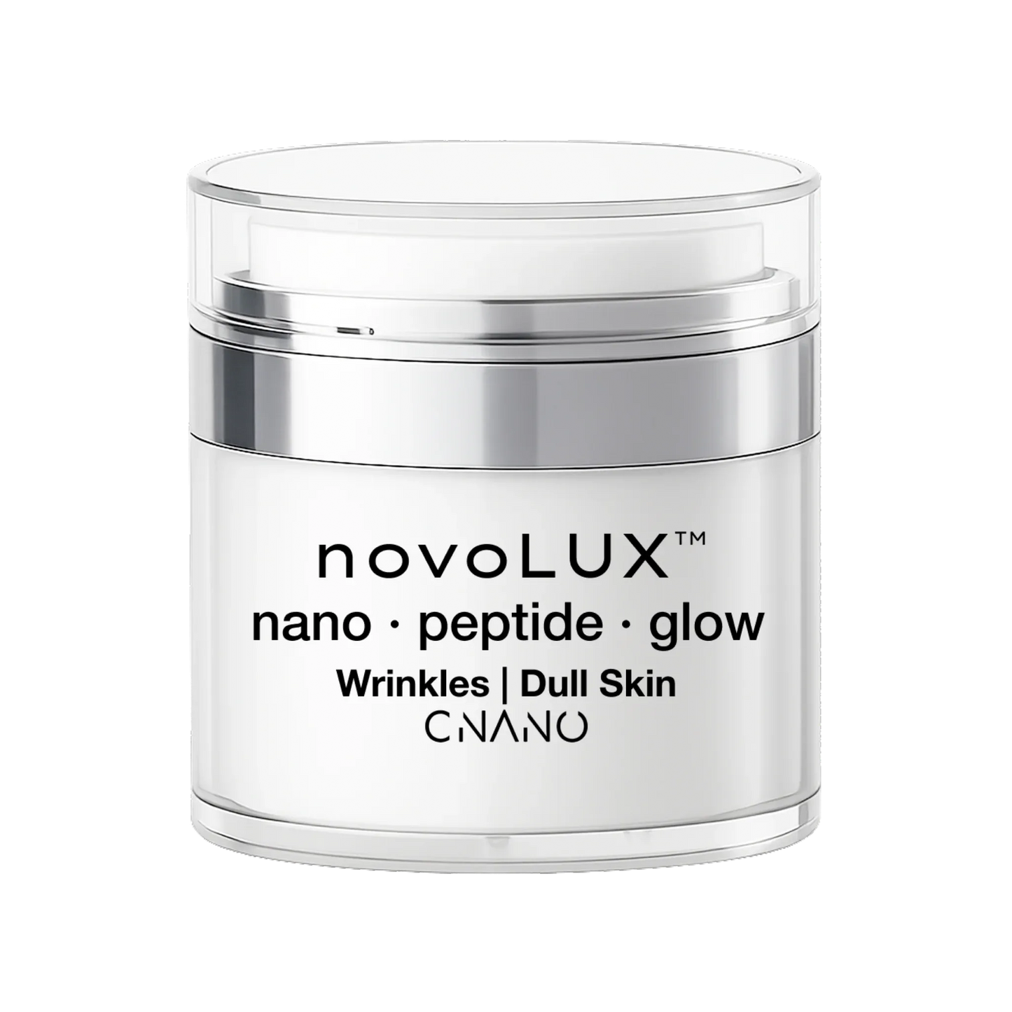 Jar of novoLUX nano peptide glow nanoemugel on a white background