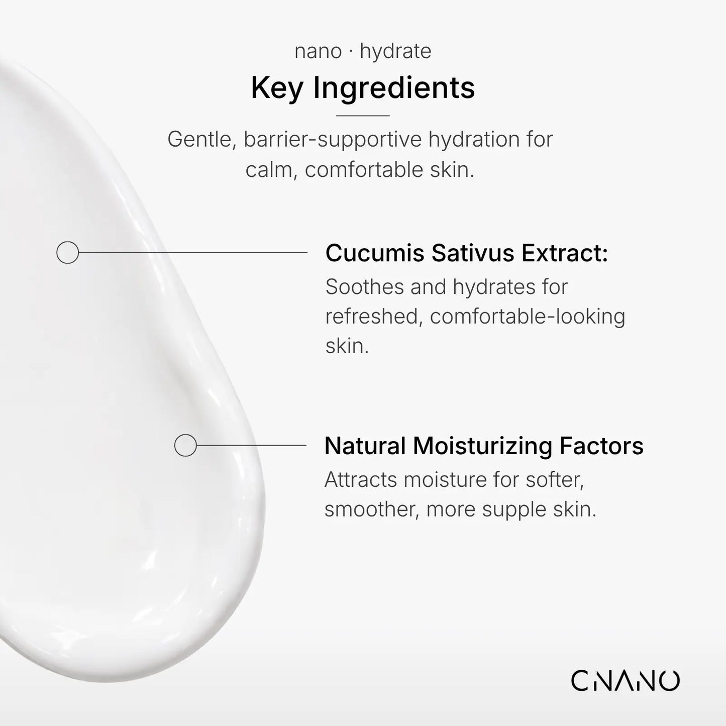 A clean white informational graphic for CNANO skincare featuring a smooth novoLUX™ moisturizer swatch on the left and text highlighting key ingredients: nano hydrate, Cucumis Sativus Extract, and Natural Moisturizing Factors.