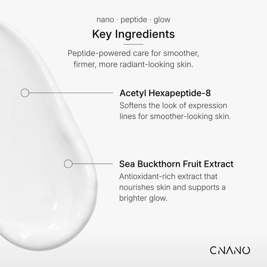 A clean white skincare infographic with a large smooth textured moisturizer swatch on the left and text highlighting key ingredients: Acetyl Hexapeptide-8 and Sea Buckthorn Fruit Extract, plus a CNANO logo at the bottom right.