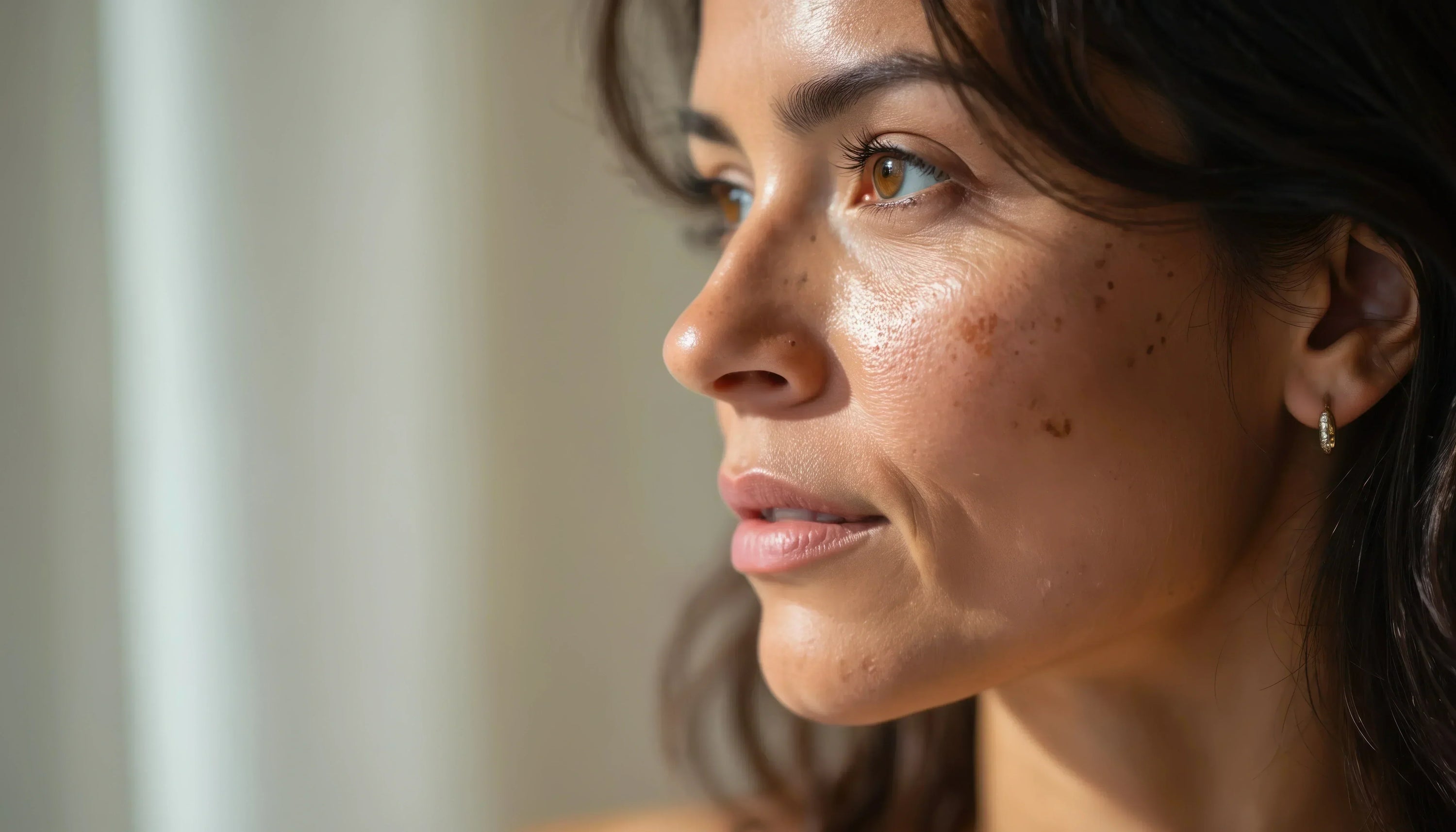 Side profile of a woman with facial hyperpigmentation