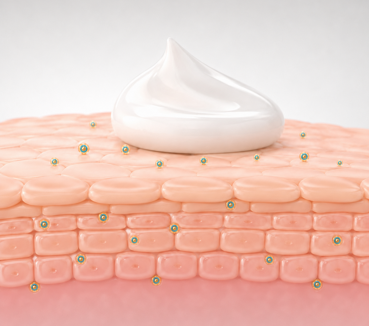 A close-up illustration of a white cream or balm applied to a peach-toned skin layer, with small green circular details scattered across the surface, on a soft light gray background.