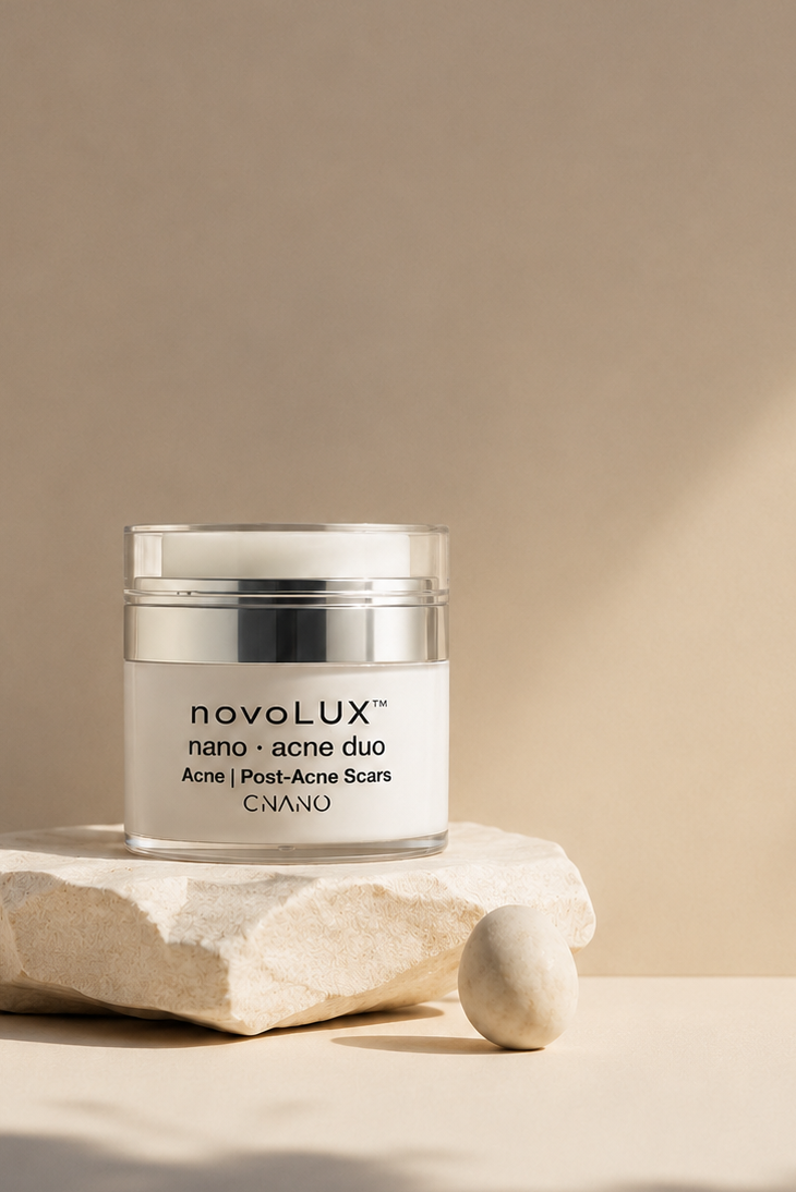 Novolux skincare jar on a beige background