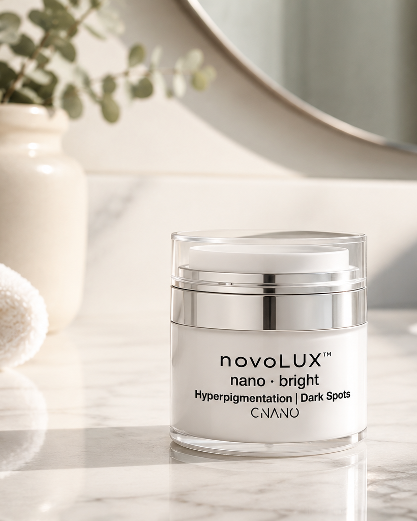 NovoLux nano-bright cream jar on a bathroom counter with mirror and towel in the background