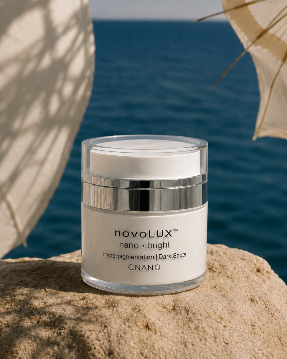 Jar of CNANO's Dark Spot and hyperpigmentation support moisturizer novoLUX nano · bright sitting on a rock.