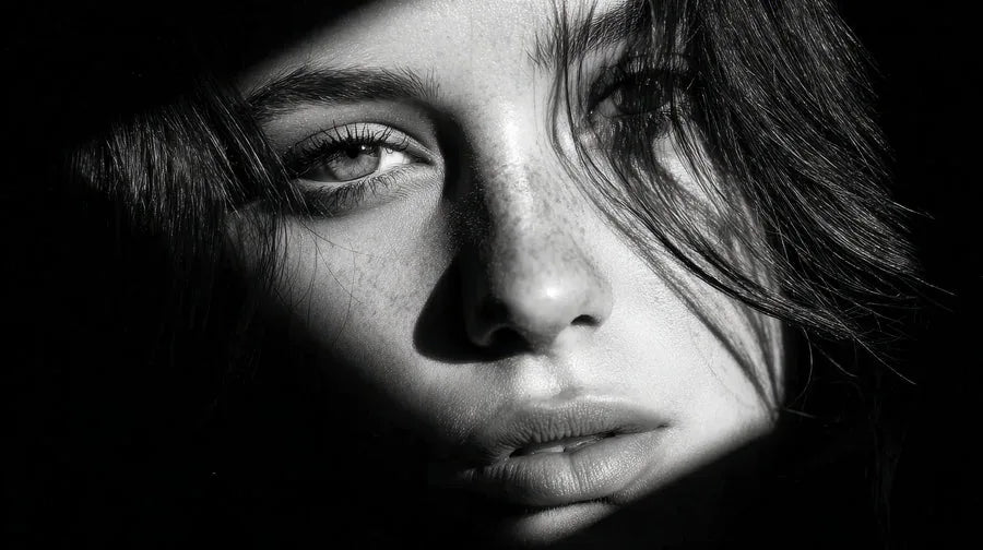 Black and white close-up of a person's face with dramatic lighting
