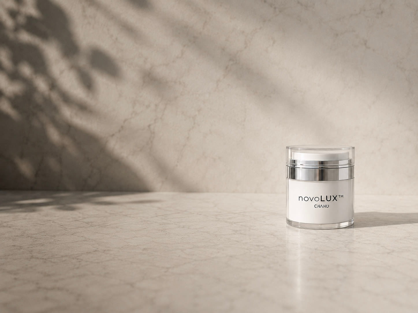 NovoLux skincare jar on a neutral background