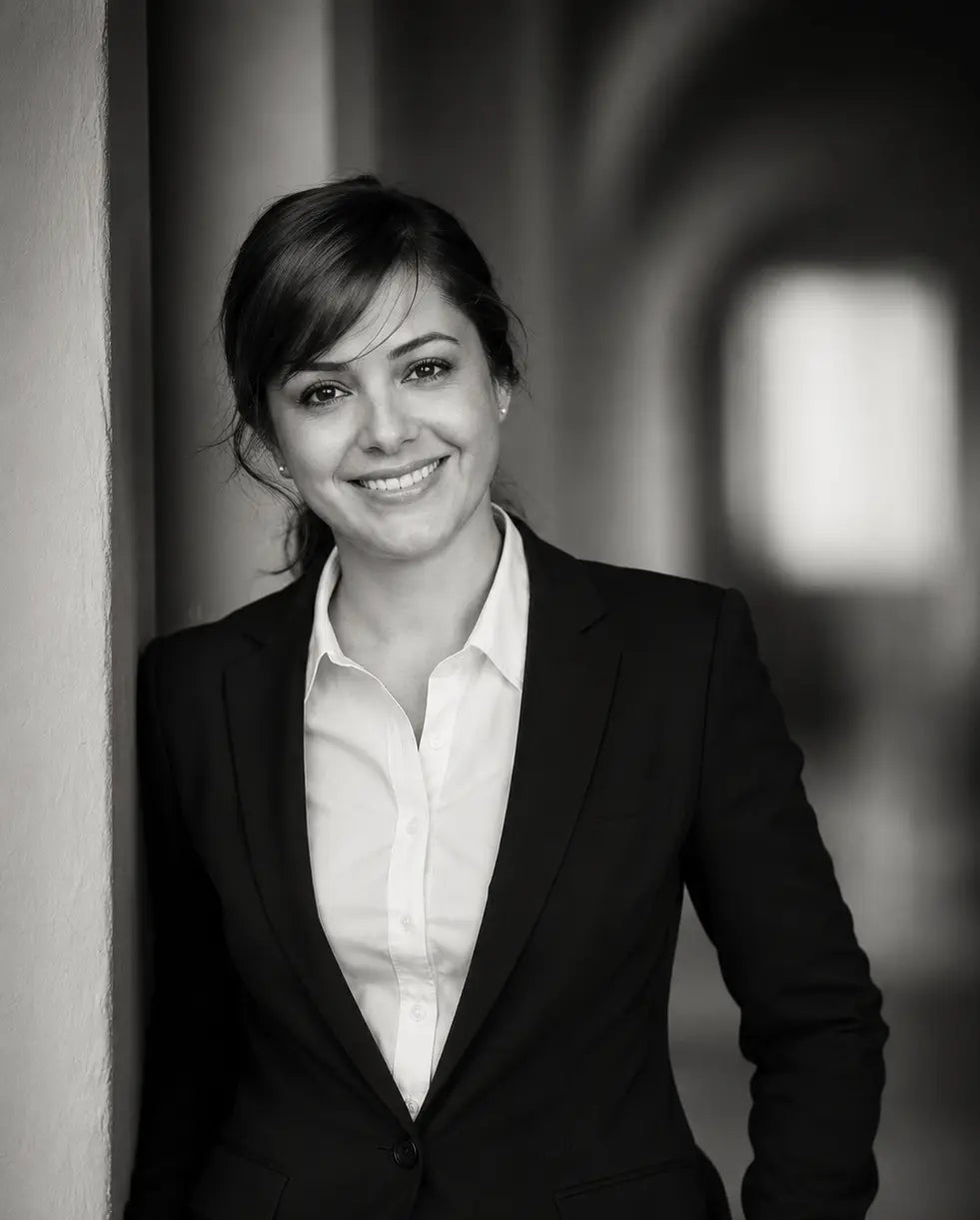 A black and white portrait of Dr. Ellie Rahmani, the founder of CNANO, wearing a dark blazer over a white collared shirt, standing in a softly blurred indoor corridor.
