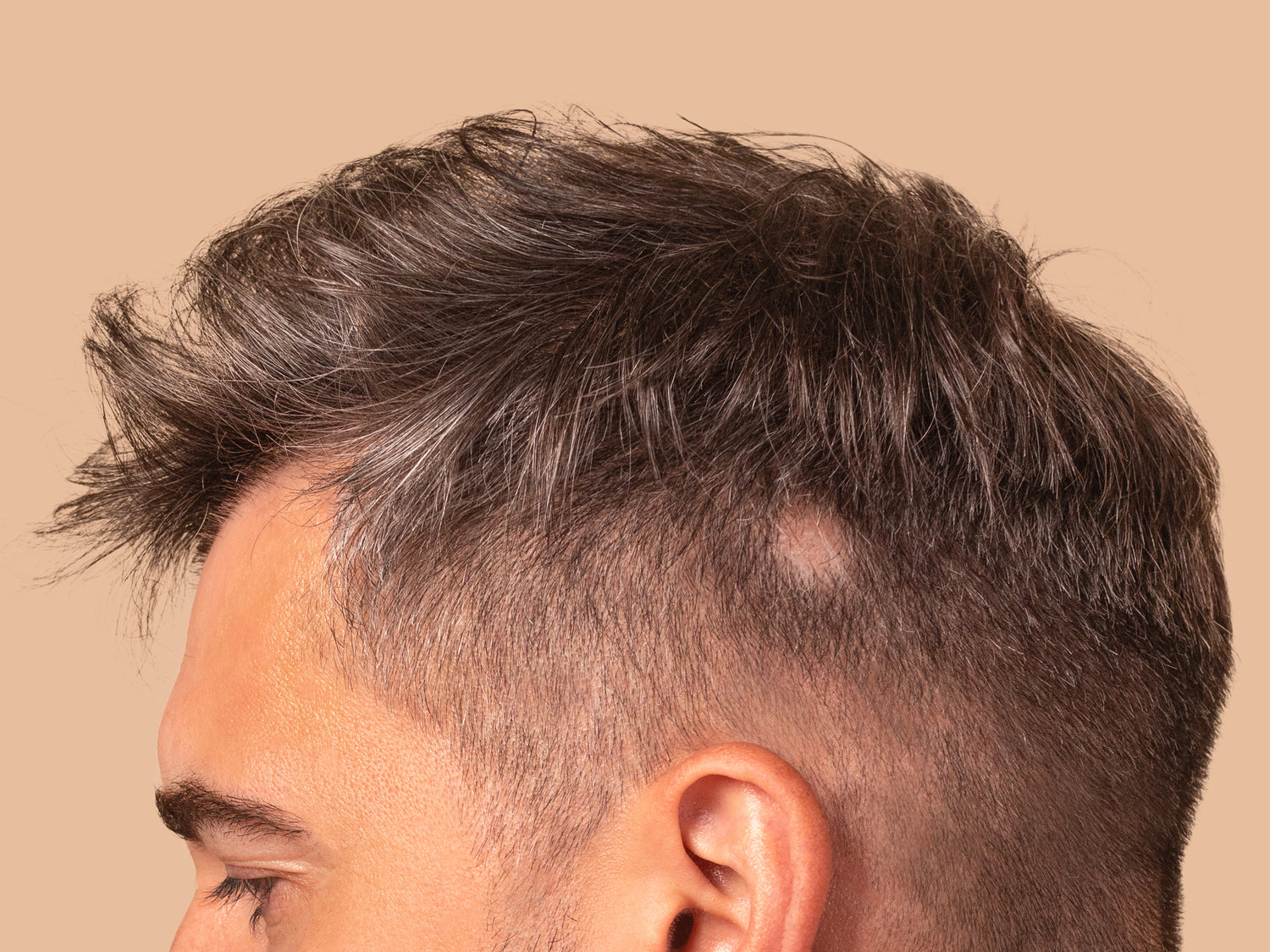 Close-up side profile of a man's head showing a textured dark brown to gray hairpiece or hair styling on the top and side, with a clean beige background.