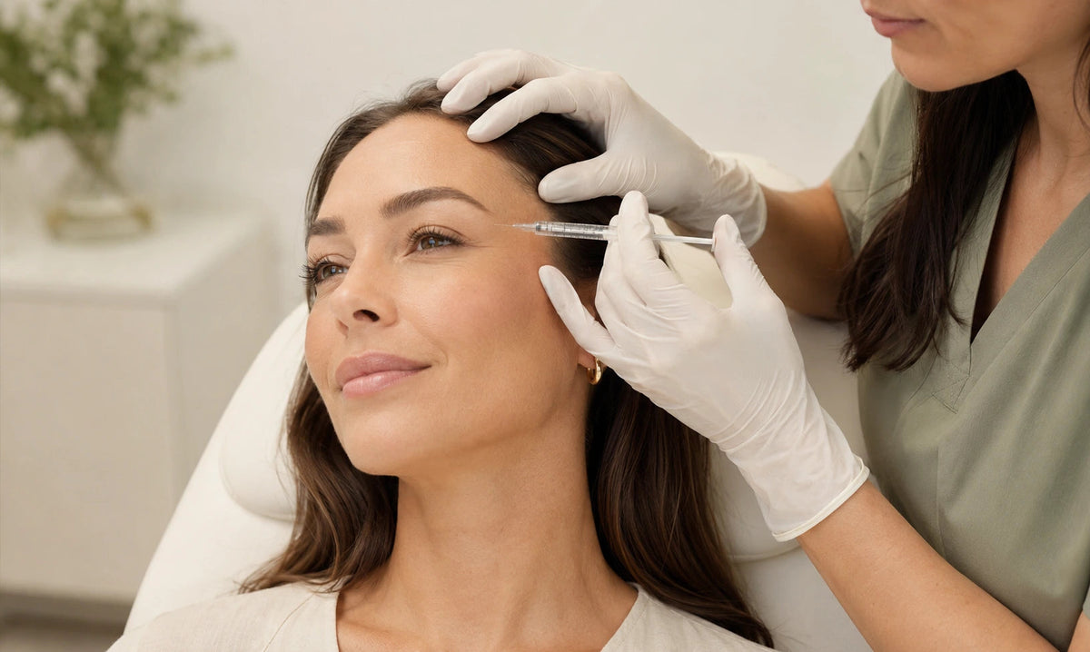 A woman receiving a facial or brow injection from a cosmetic doctor or nurse wearing white gloves and a sage green scrub top, in a bright, clean clinic setting.