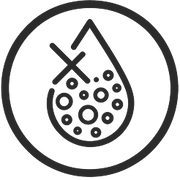 Icon of a droplet with bubbles and a cross through it, inside a circle representing a microplastic emulsifier free product
