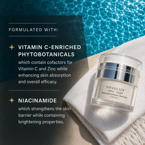 A jar of CNANO novolux nano bright hyperpigmentation dark spot cream rests on a white towel next to a swimming pool, with promotional text detailing its ingredients.