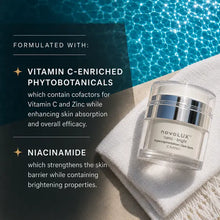 A jar of CNANO novolux nano bright hyperpigmentation dark spot cream rests on a white towel next to a swimming pool, with promotional text detailing its ingredients.