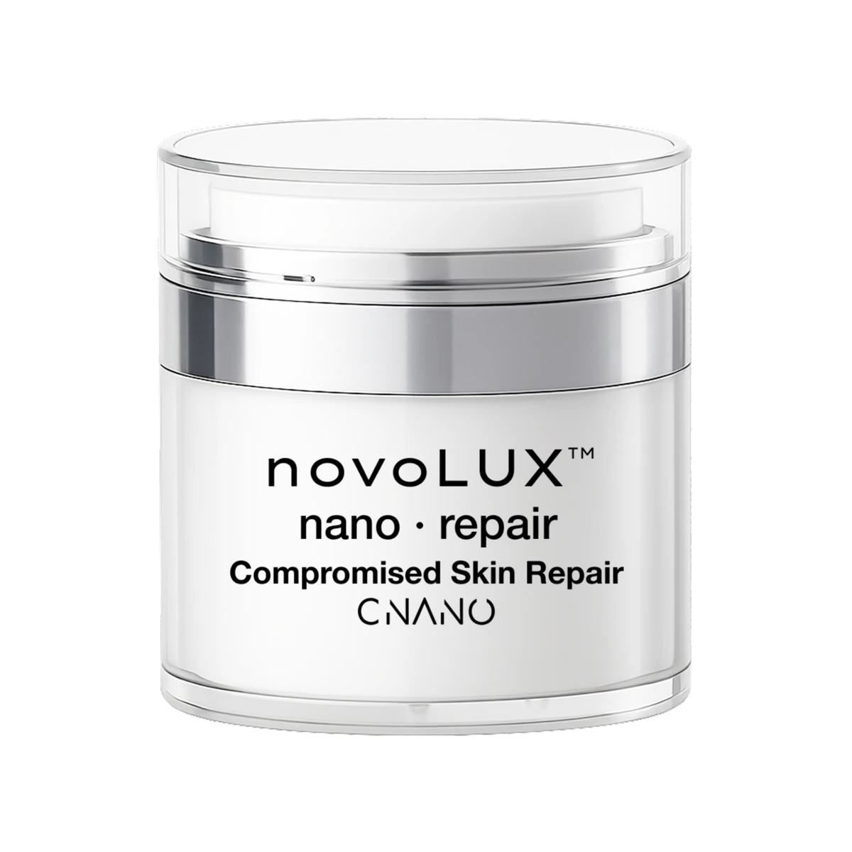 Jar of novolux nano repair cream on a white background