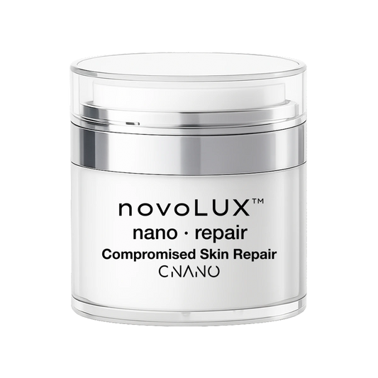 Jar of novolux nano repair cream on a white background