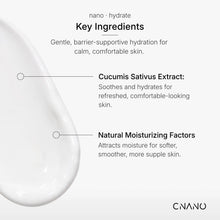A clean white informational graphic for CNANO skincare featuring a smooth novoLUX™ moisturizer swatch on the left and text highlighting key ingredients: nano hydrate, Cucumis Sativus Extract, and Natural Moisturizing Factors.