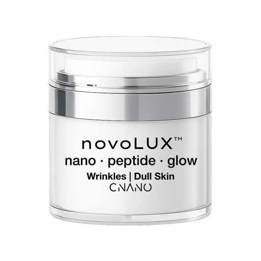 Jar of novoLUX nano peptide glow nanoemugel on a white background