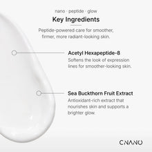 A clean white skincare infographic with a large smooth textured moisturizer swatch on the left and text highlighting key ingredients: Acetyl Hexapeptide-8 and Sea Buckthorn Fruit Extract, plus a CNANO logo at the bottom right.
