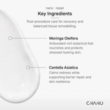 An informational graphic for CNANO skincare detailing key ingredients for post-procedure recovery. It features a large droplet of white cream on the left, with text pointing to 'Moringa Oleifera' and 'Centella Asiatica' on a clean, light gray background.