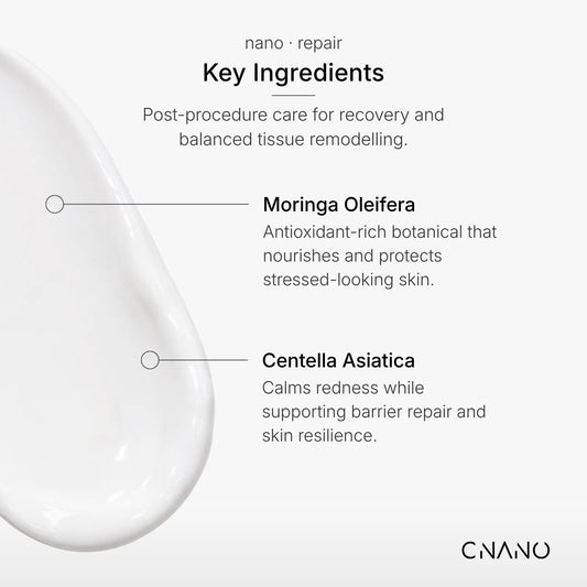 An informational graphic for CNANO skincare detailing key ingredients for post-procedure recovery. It features a large droplet of white cream on the left, with text pointing to 'Moringa Oleifera' and 'Centella Asiatica' on a clean, light gray background.