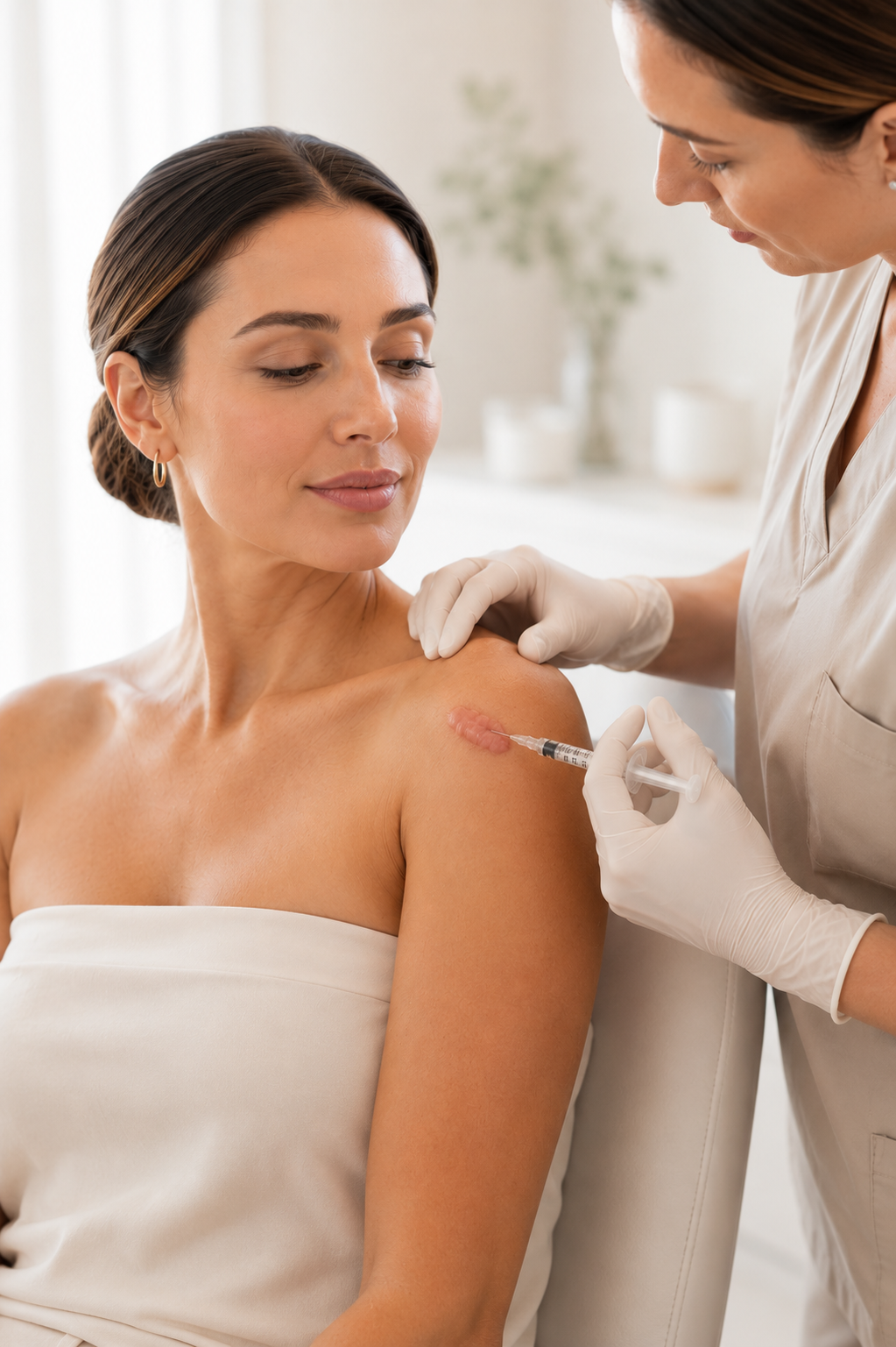 A woman receives a cosmetic injection into her upper shoulder from a provider wearing white gloves and a light beige uniform in a bright, clean clinic setting.