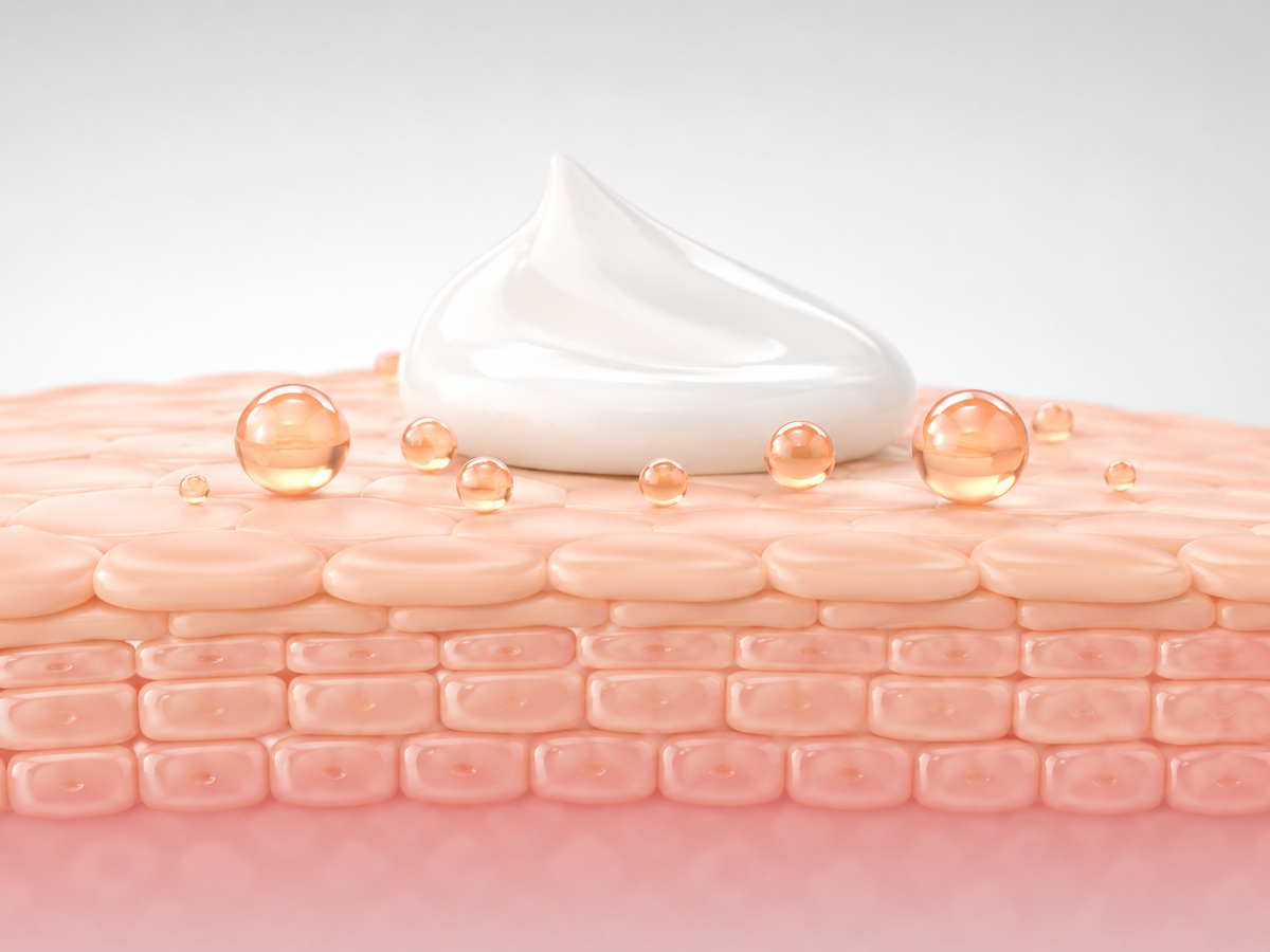 A close-up cosmetic-style rendering of skin layers with a dollop of white cream on top and translucent amber droplets scattered around it.